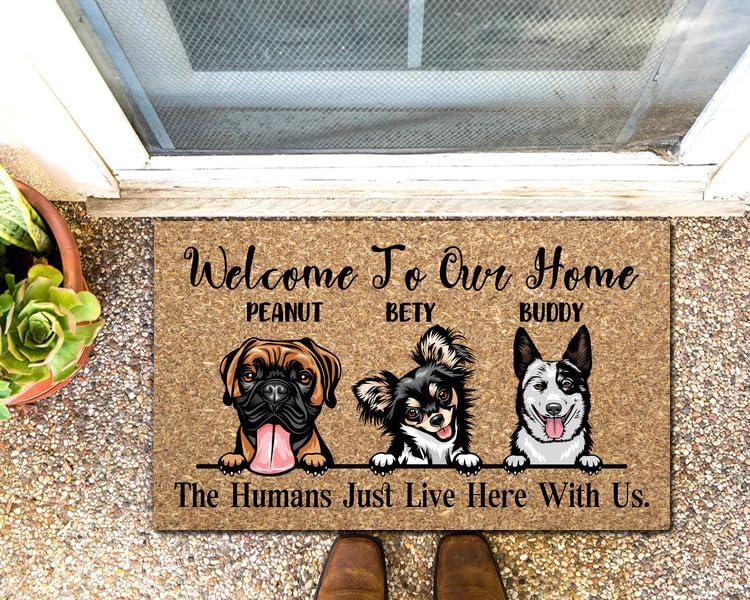 Tapete para puerta de 30 x 18 pulgadas, con nombre del perro, bienvenido a nuestro hogar, tapete personalizado personalizado de bajo perfil para