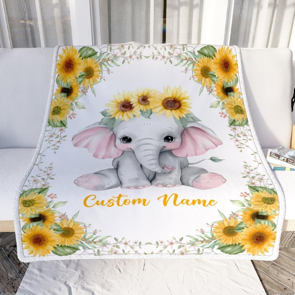 Manta de bebé personalizada con nombre, diseño de elefante, girasol, recién nacido, niña, niños, hija, nieta, sobrina, cumpleaños, Navidad, manta de