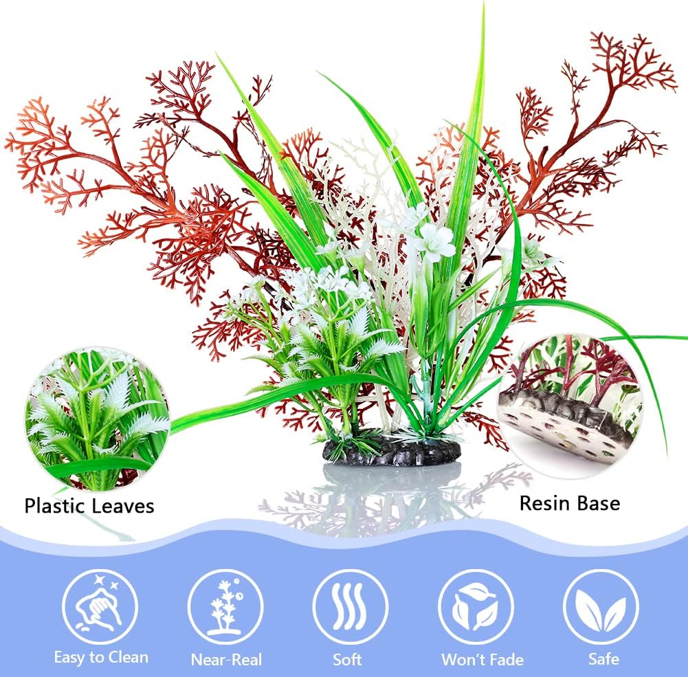 Plantas de acuario, pecera artificial, plantas de plástico, decoración de plantas de coral falso, color blanco y rojo, juego de 6 piezas