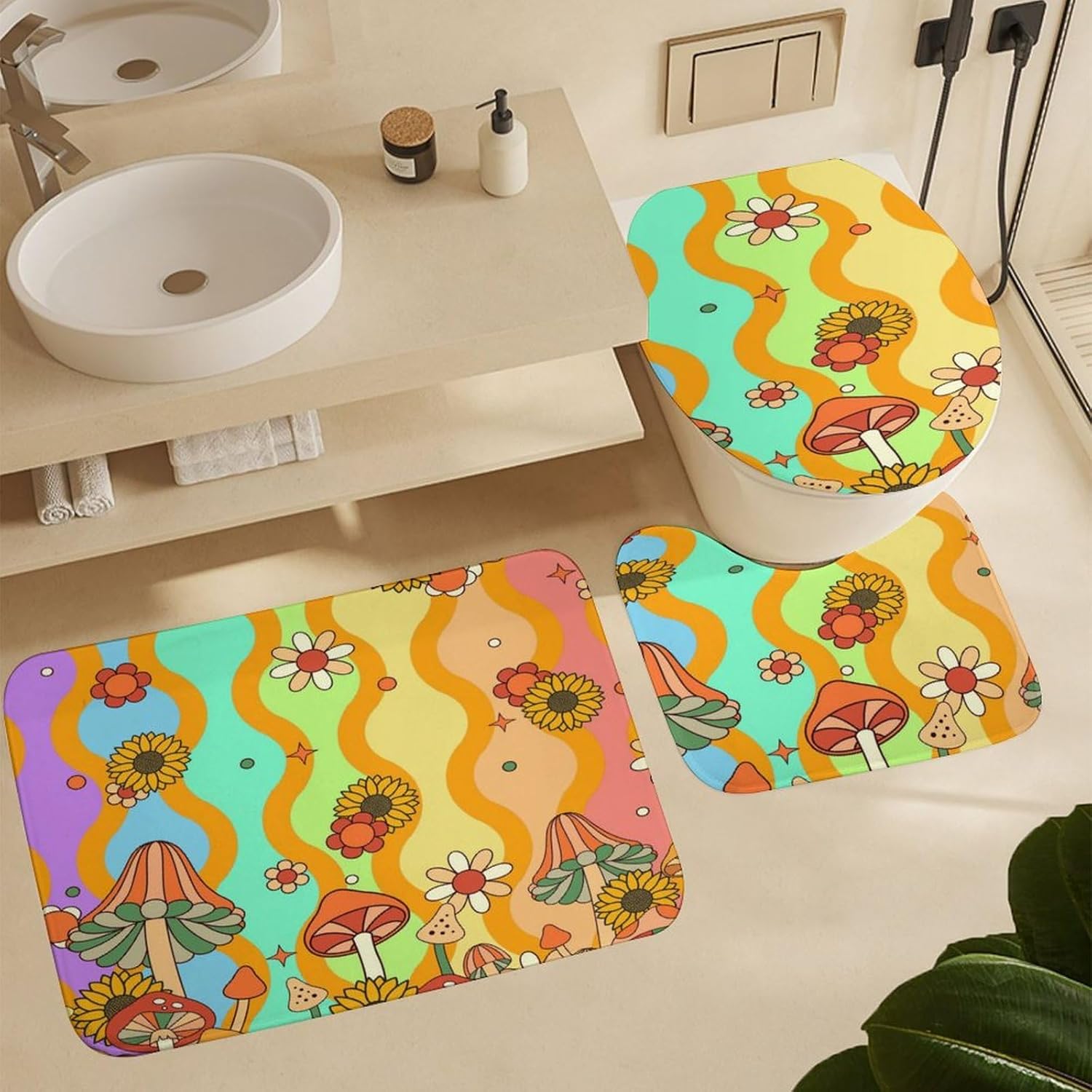 Brebasf – Juego de 4 cortinas de ducha impermeables con diseño de hongos bohemios y retro, diseño de girasol, diseño de hongos florales, con