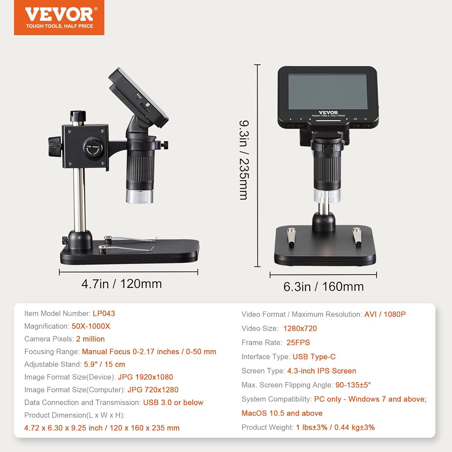 VEVOR Microscopio digital LCD para adultos y niños, pantalla IPS de 4.3 pulgadas, microscopio de monedas 50X  aumento de 1000X con 8 luces LED,