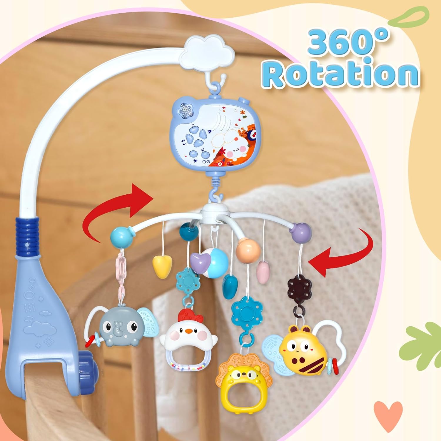 JAWOJOWA Móvil para cuna de bebé con música y luces nocturnas, móvil para cuna con rotación, control remoto, proyección, juguetes de cuna para