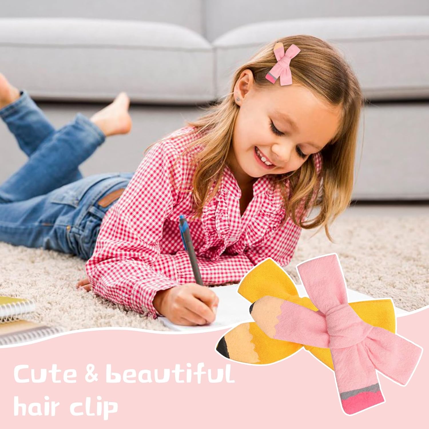 4 lazos para el pelo de regreso a la escuela, pintados a mano, amarillos, lazos escolares para adolescentes, niñas y estudiantes (rosa y amarillo)