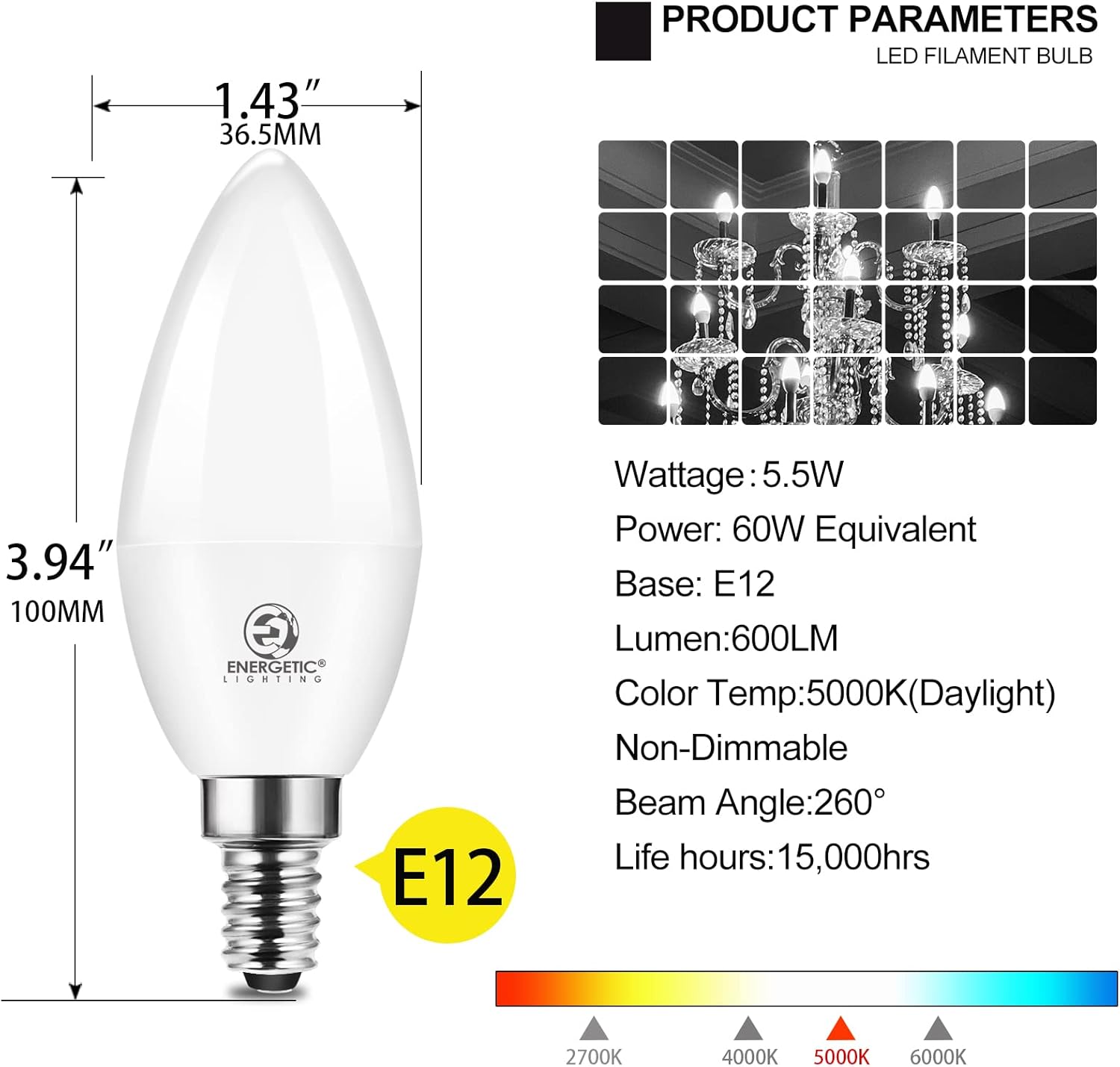 Energetic – Bombillas LED E12 para candelabro de 5.5 W (equivalente a 60 vatios), luz diurna 5000K, bombillas de araña de 600 lm, bombillas B11 para