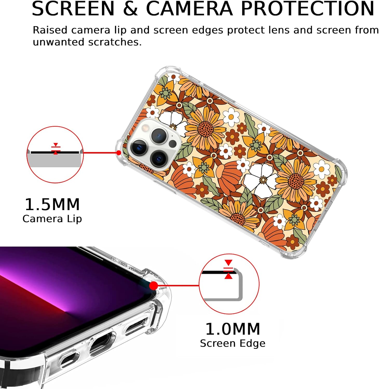 Lobtseyrem Funda de flores retro de los años 70 compatible con iPhone 15 Pro, funda floral colorida hippie Groovy para iPhone 15 Pro, funda de TPU a