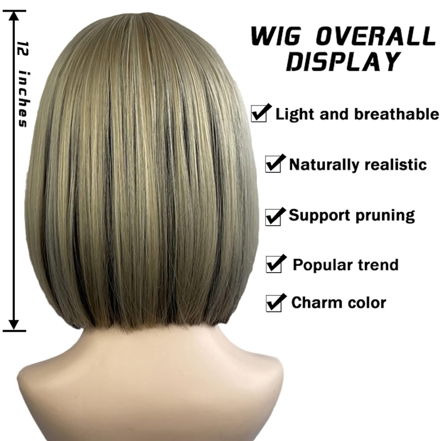 Lotfon Peluca Bob con flequillo para mujeres americanas, pelucas de pelo corto ondulado para mujer (mezcla de rubio negro)