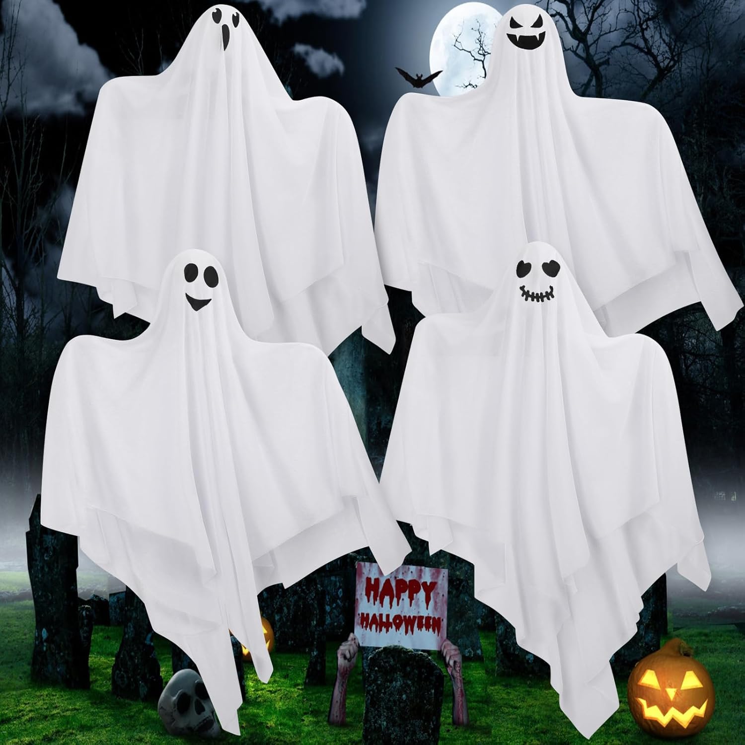 Fantasma colgante de Halloween para decoración al aire libre, paquete de 4 lindos fantasmas voladores de 27.5 pulgadas, decoración de Halloween al
