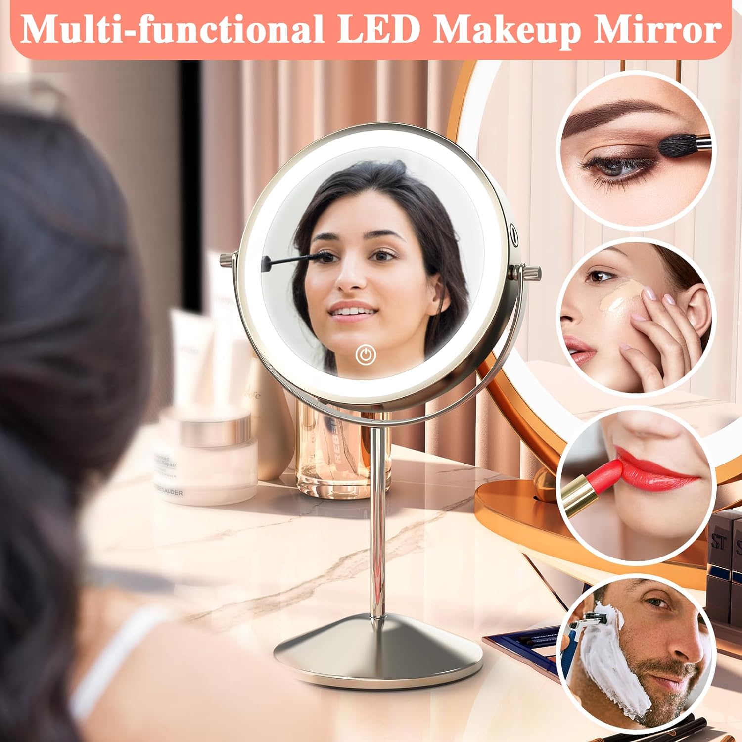 Espejo de maquillaje con aumento de luces, 10 x 8 pulgadas, recargable de doble cara LED, espejo de tocador con luces, rotación de aumento, espejo