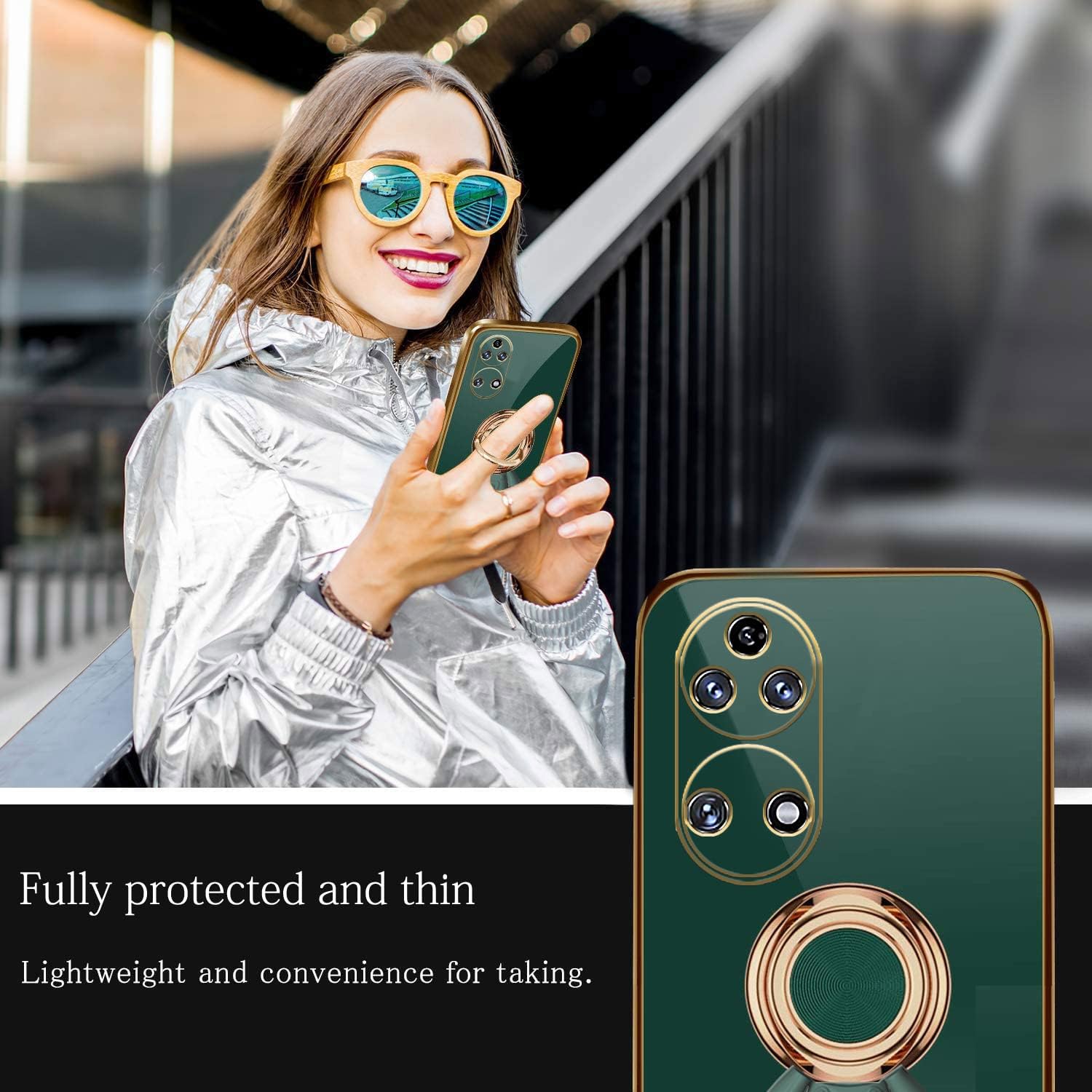 Wousunly Funda compatible con Huawei P50 Pro con soporte de anillo, patrón de astronauta giratorio de 360, color negro, funda para teléfono Huawei