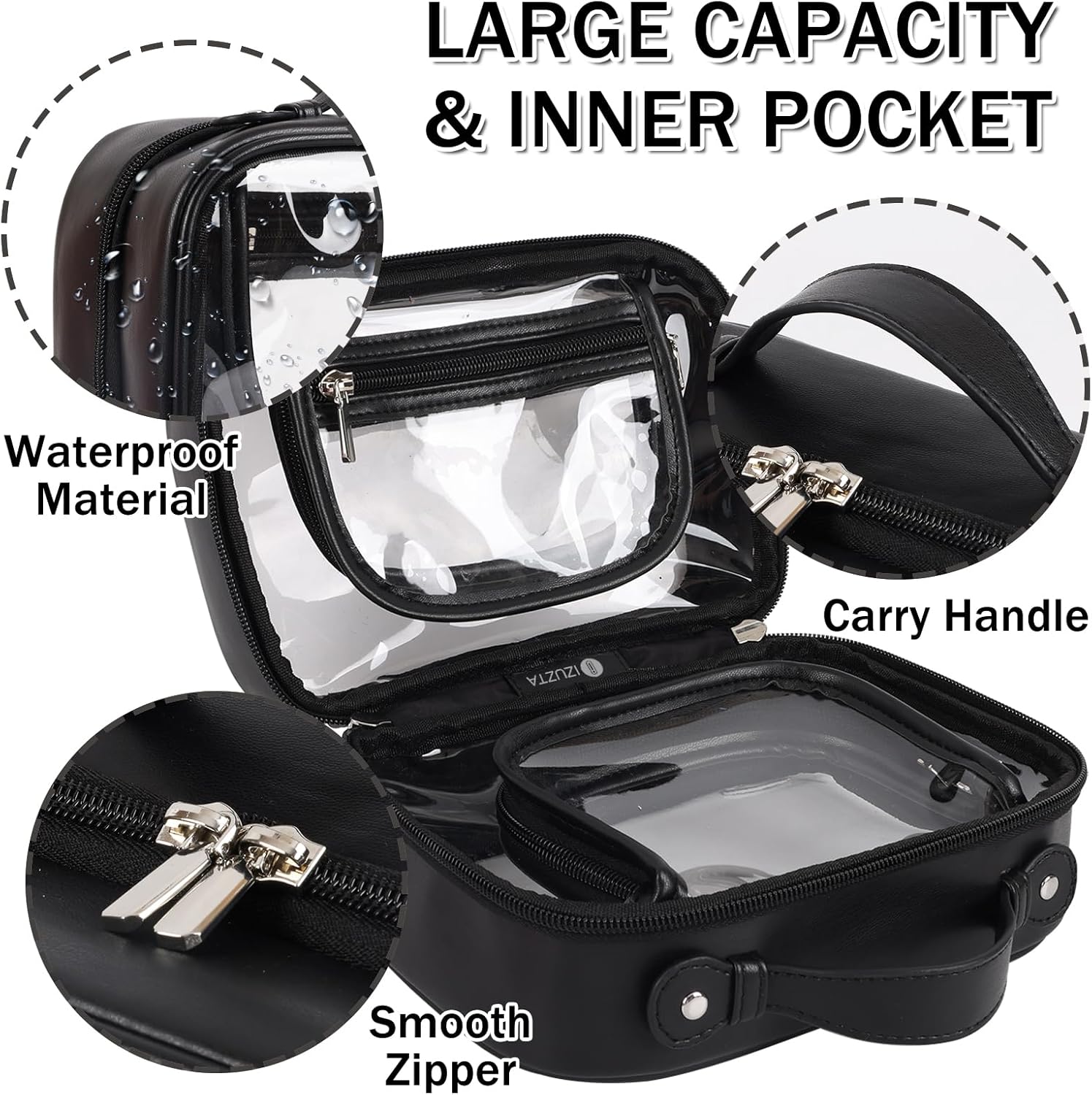 Iqimott Neceser de viaje Bolsa de maquillaje transparente, bolsa de cosméticos con cremallera aprobada por la TSA, Negro -, Moda