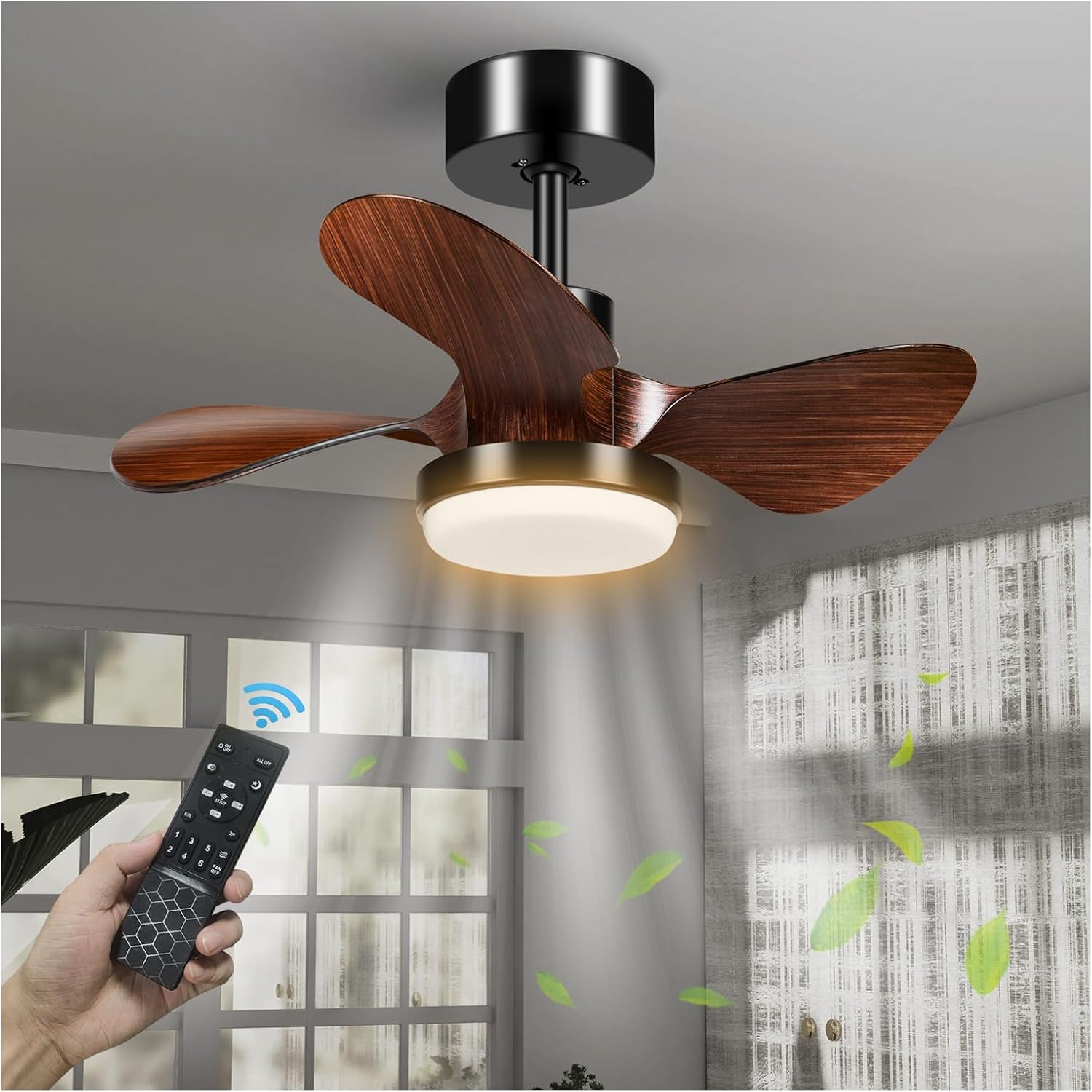 Ventilador de techo de habitación pequeña de 25 pulgadas con luz, ventilador de techo moderno de perfil bajo regulable de 3 aspas con luz y control