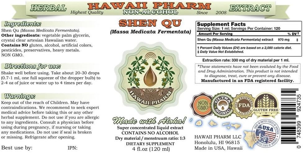 Shen Qu Extracto líquido sin alcohol, Shen Qu, levadura medicada (Massa Medicata Fermentata) Suplemento herbario de glicerita 2 onzas
