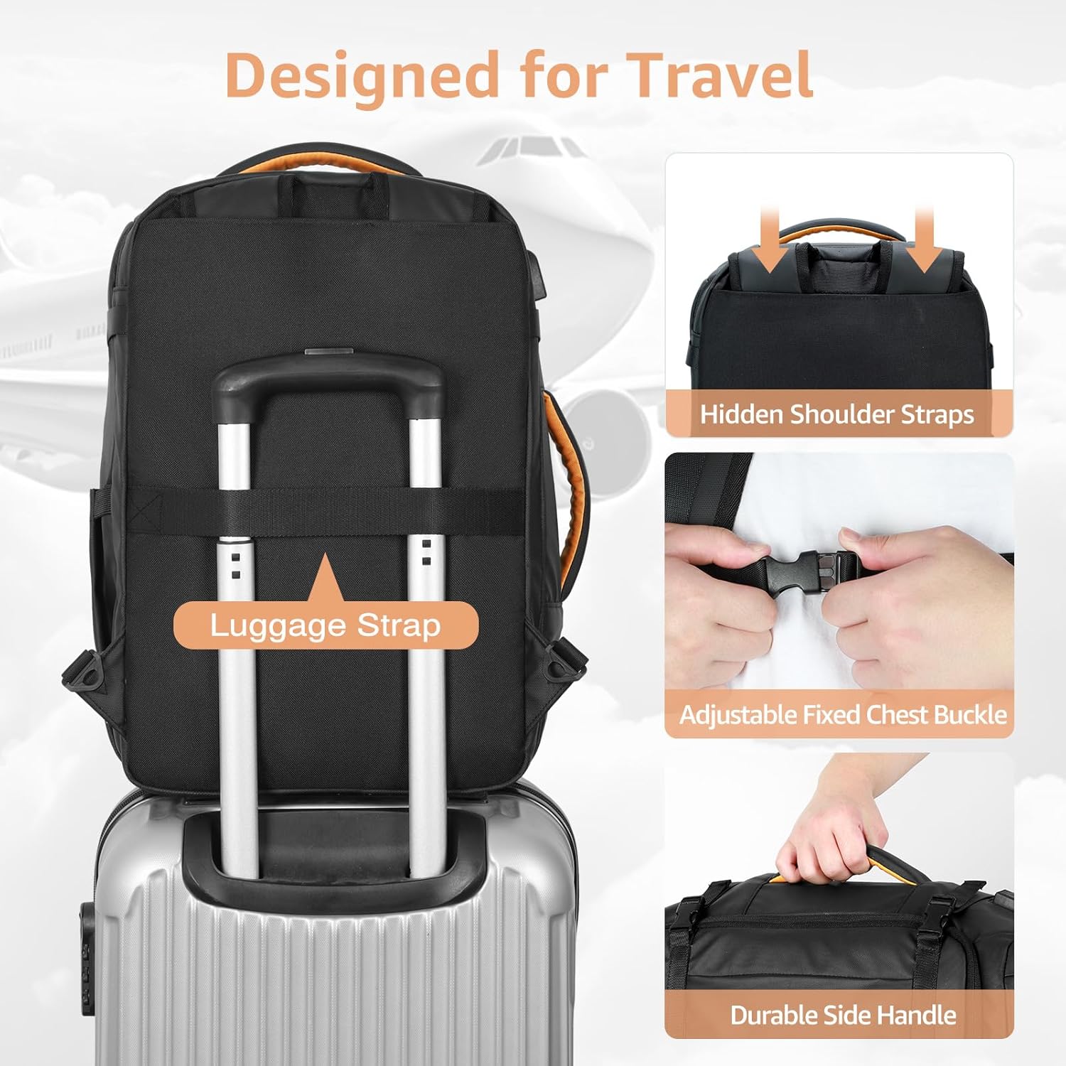 Ponhog Mochila de viaje para computadora portátil para vuelo, aprobada para hombre, con puerto de carga USB, mochilas de negocios de 15.6 pulgadas