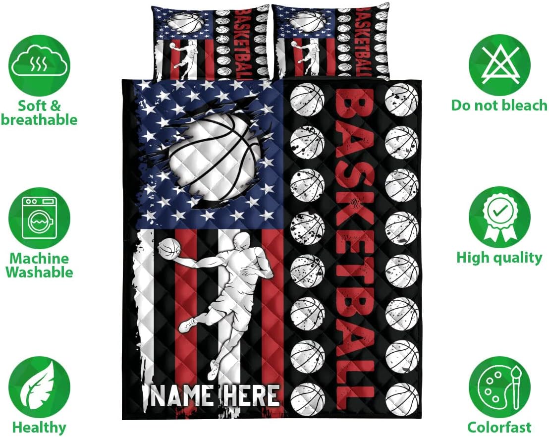 OhaPrints Juego de ropa de cama y fundas de almohada con diseño de bandera de jugador de baloncesto personalizados, regalos únicos con nombre