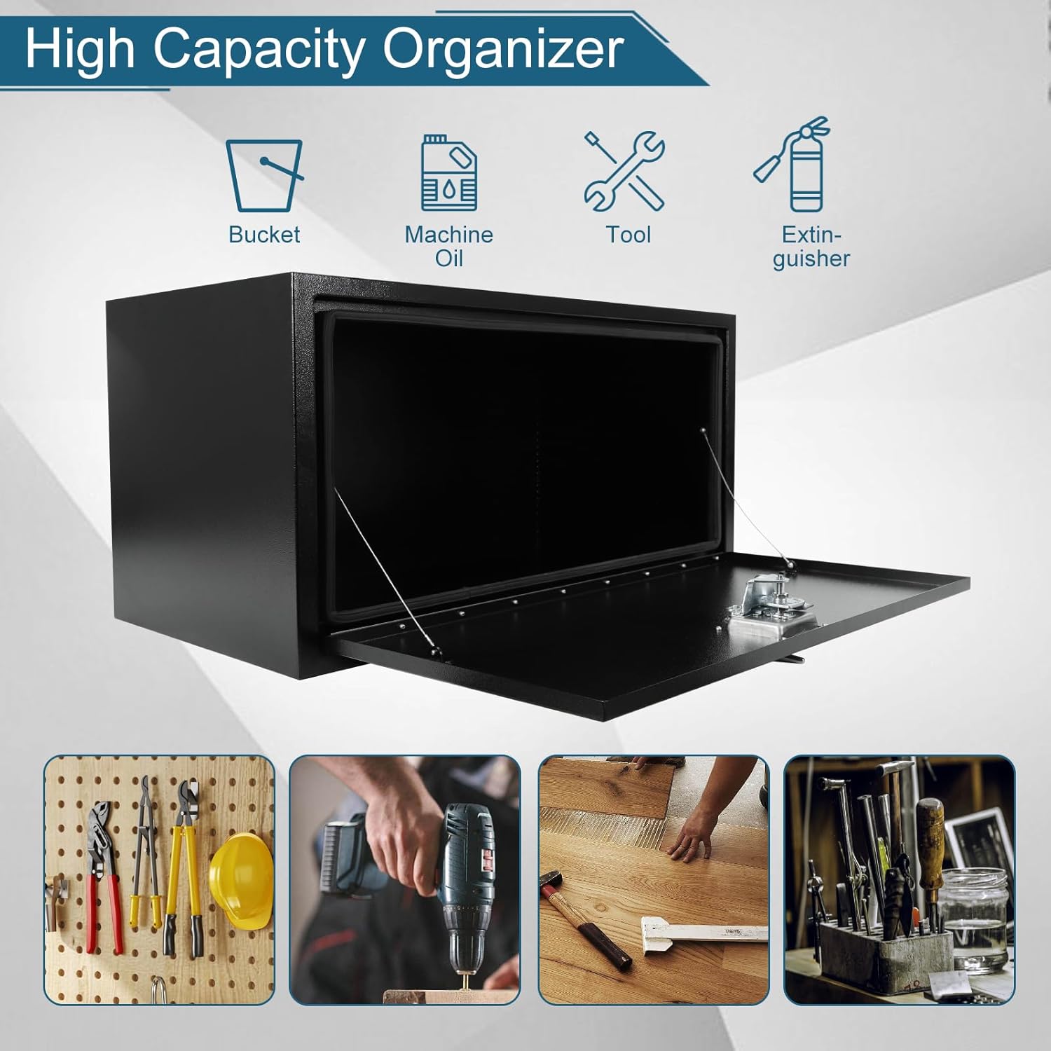 Caja de acero para camión de 36 x 18 x 18 pulgadas, caja de herramientas de acero resistente negro, caja de herramientas para camioneta, organizador