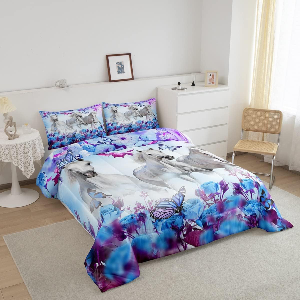 Juego de edredón de caballo blanco, tamaño Queen, juego de ropa de cama de 3 piezas con diseño de mariposa y rosas para decoración de habitación de