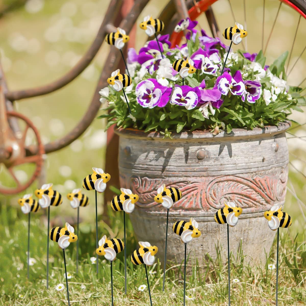 10 piezas de estacas de jardín de abejas decoración de metal para patio delantero, palillos florales de resina para primavera y verano, abejorros,