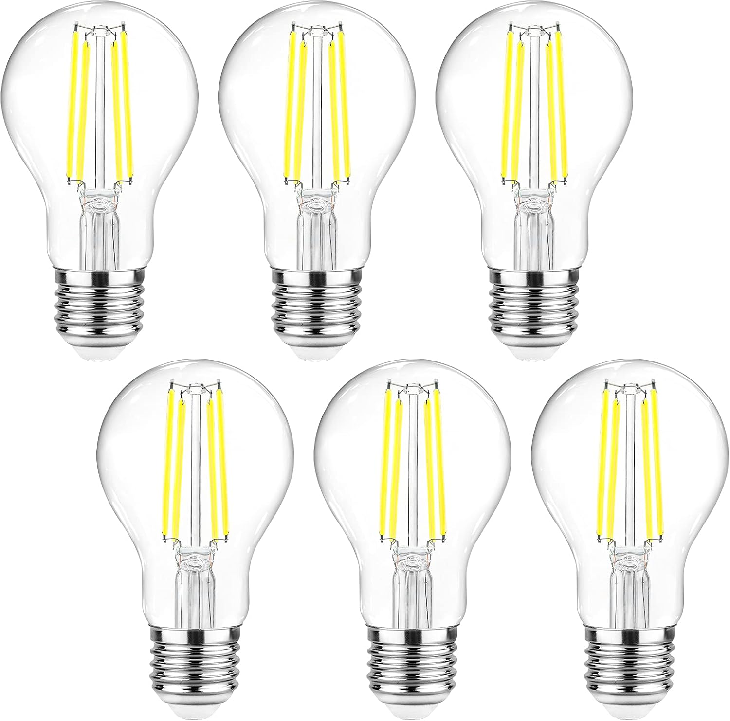 Ascher – Bombillas de filamento LED E26, equivalentes a 60 W, luz de día de 5,000 K, no regulables, vidrio transparente clásico, bombillas LED A19