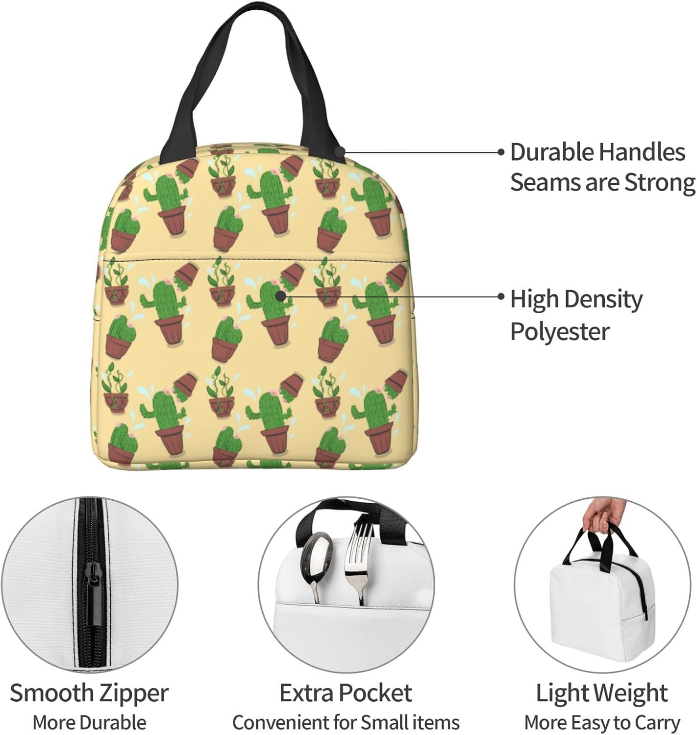 Lonchera con diseño de cactus para mujeres y hombres, con aislamiento, reutilizable, organizador de almuerzo, impermeable, bolsa de mano refrigerante