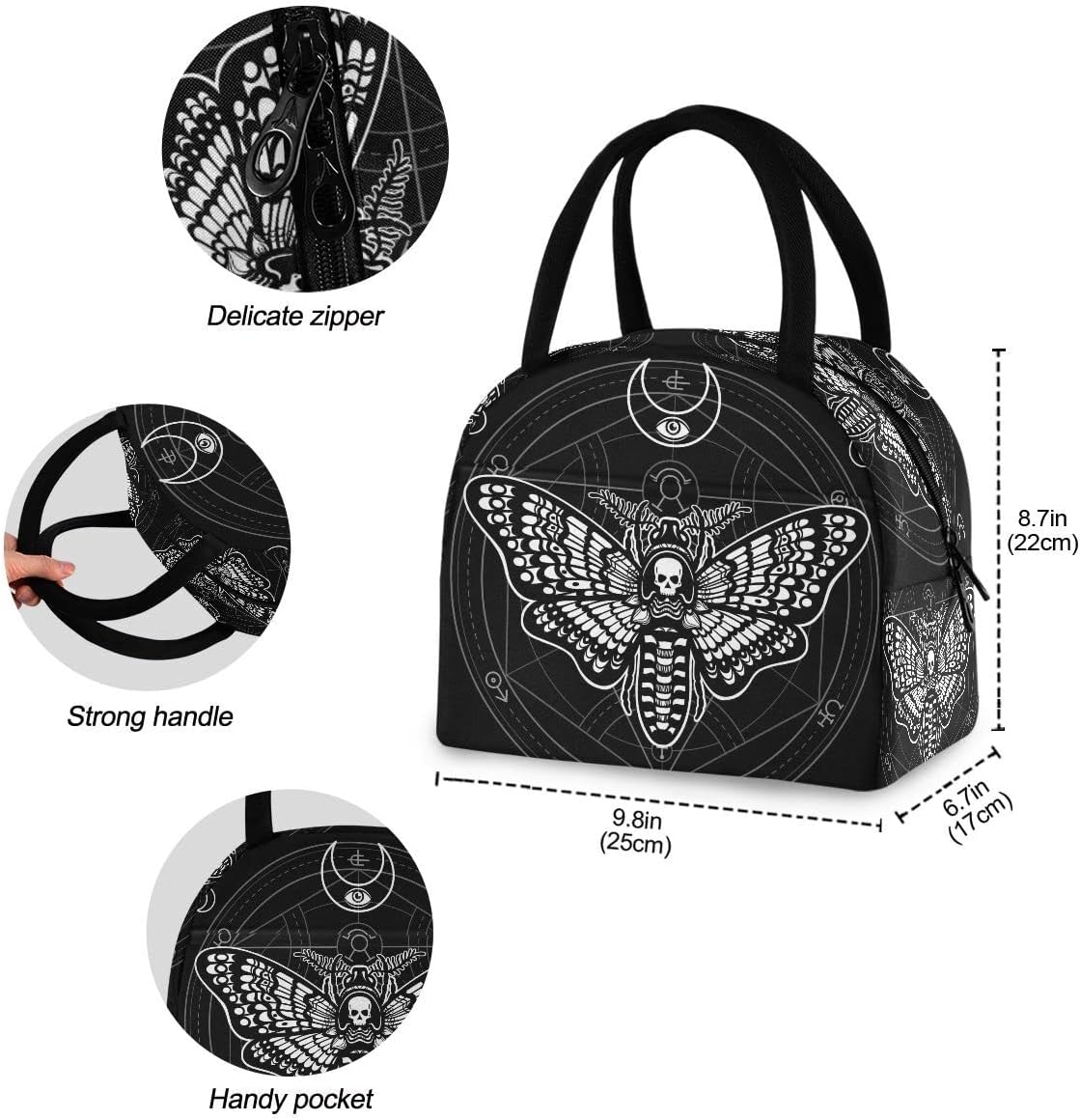 MNSRUU Bolsa de almuerzo para mujeres y hombres, bolsa de almuerzo térmica reutilizable con diseño de polilla de calavera negra, bolsa enfriadora