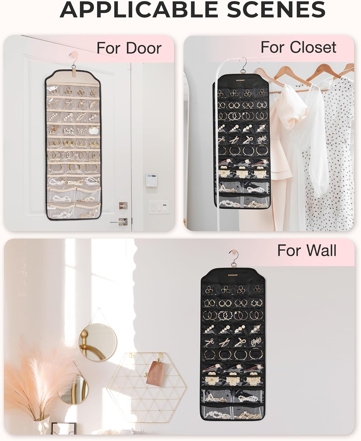 BAGSMART Organizador colgante de joyas, organizador de accesorios, organizador de aretes de 68 bolsillos, organizador para colgar joyas, grande,
