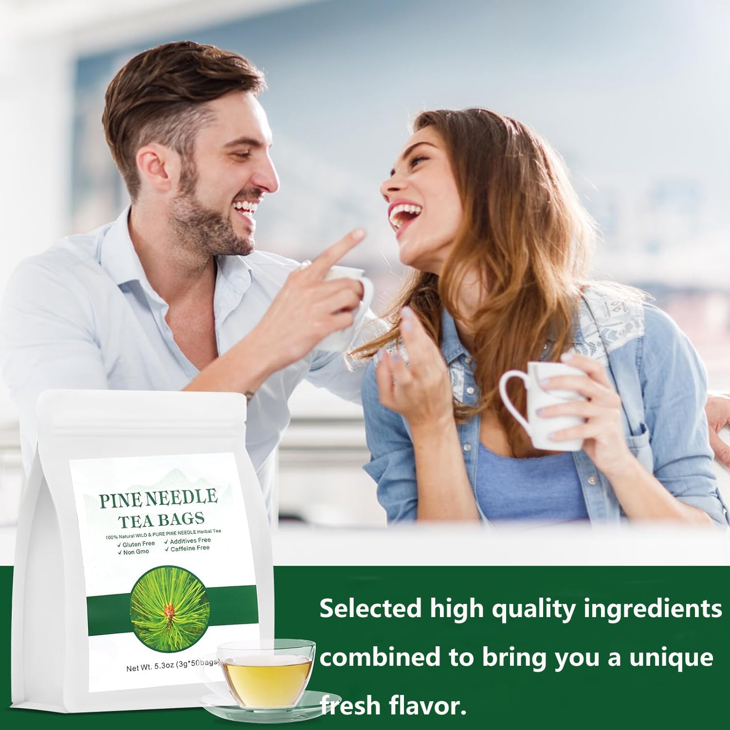 Bolsas de té orgánicas de aguja de pino  5.3 onzas (0.11 oz x 50 bolsas)  Té de hierbas 100% natural de aguja de pino salvaje y puro, sin gluten,