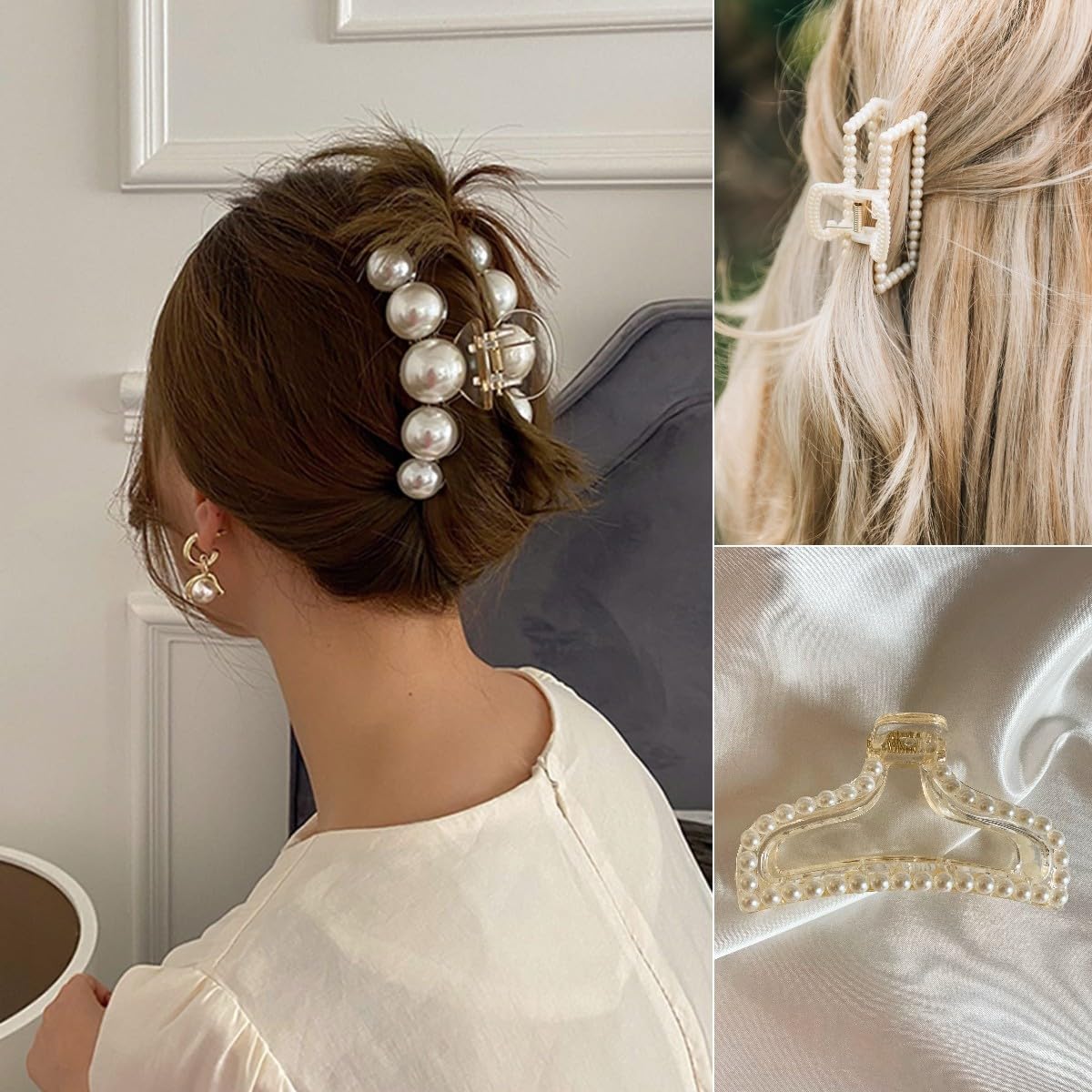 6 pinzas para el cabello con perlas, pinzas grandes para cabello fino y grueso, pinzas de cabello blanco para cabello fino y rizado, pinzas de