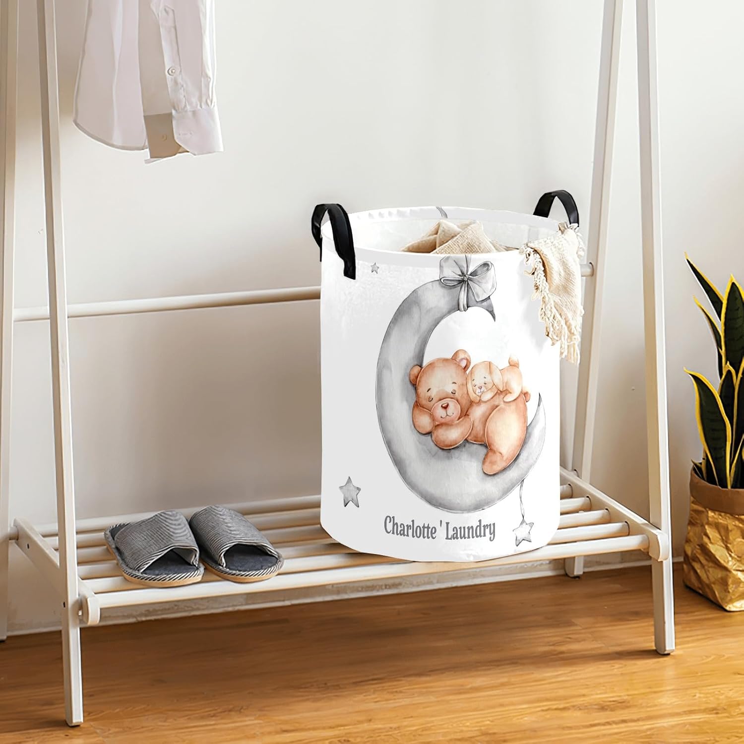 Sleepy – Cesta de ropa con asas personalizada, con diseño de oso de peluche y luna, impermeable, plegable, personalizable, para dormitorio, baño,
