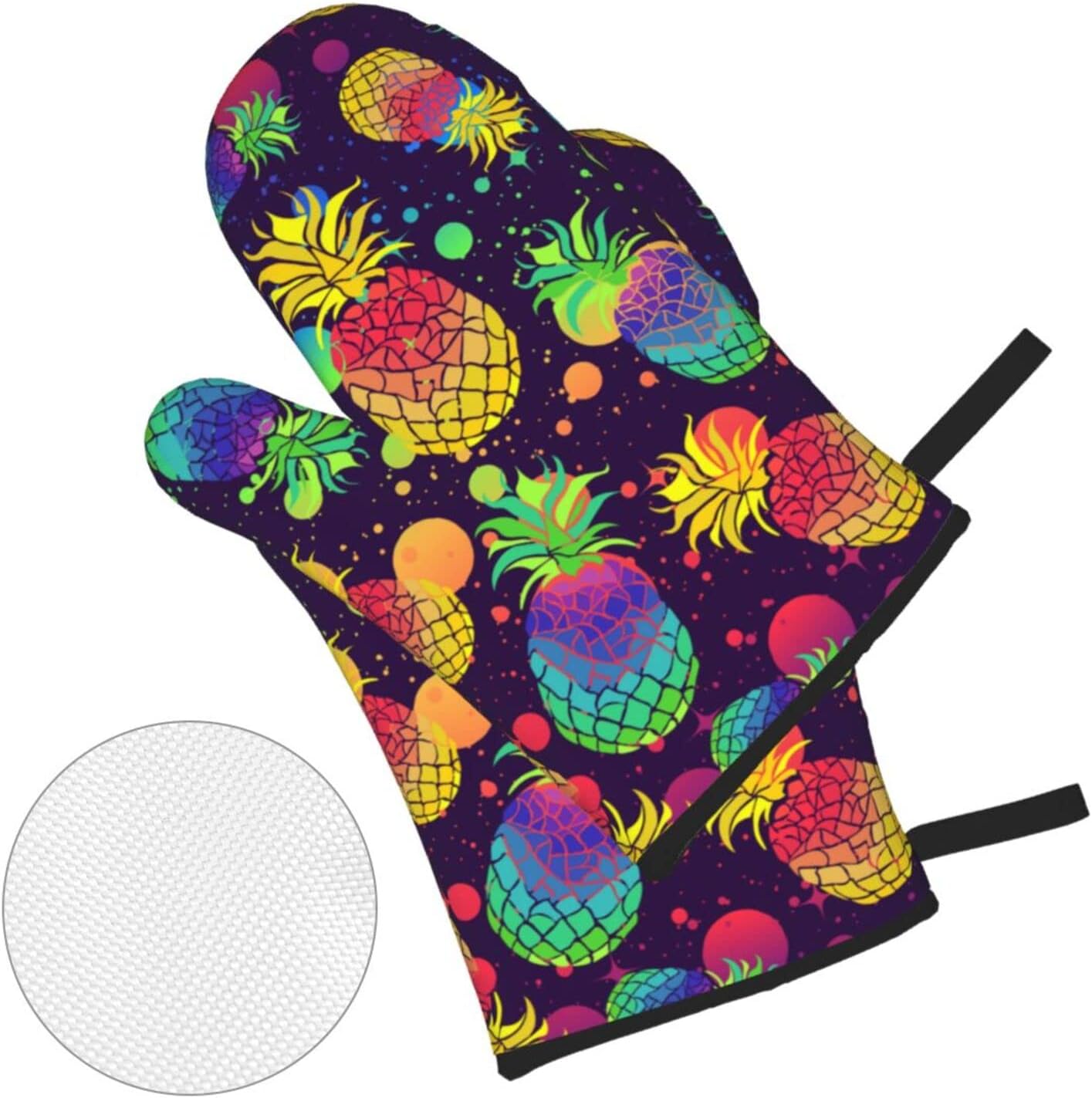 Juego de 4 manoplas de horno y soportes para ollas con diseño de piñas coloridas, guantes resistentes al calor para cocina, hornear, asar a la