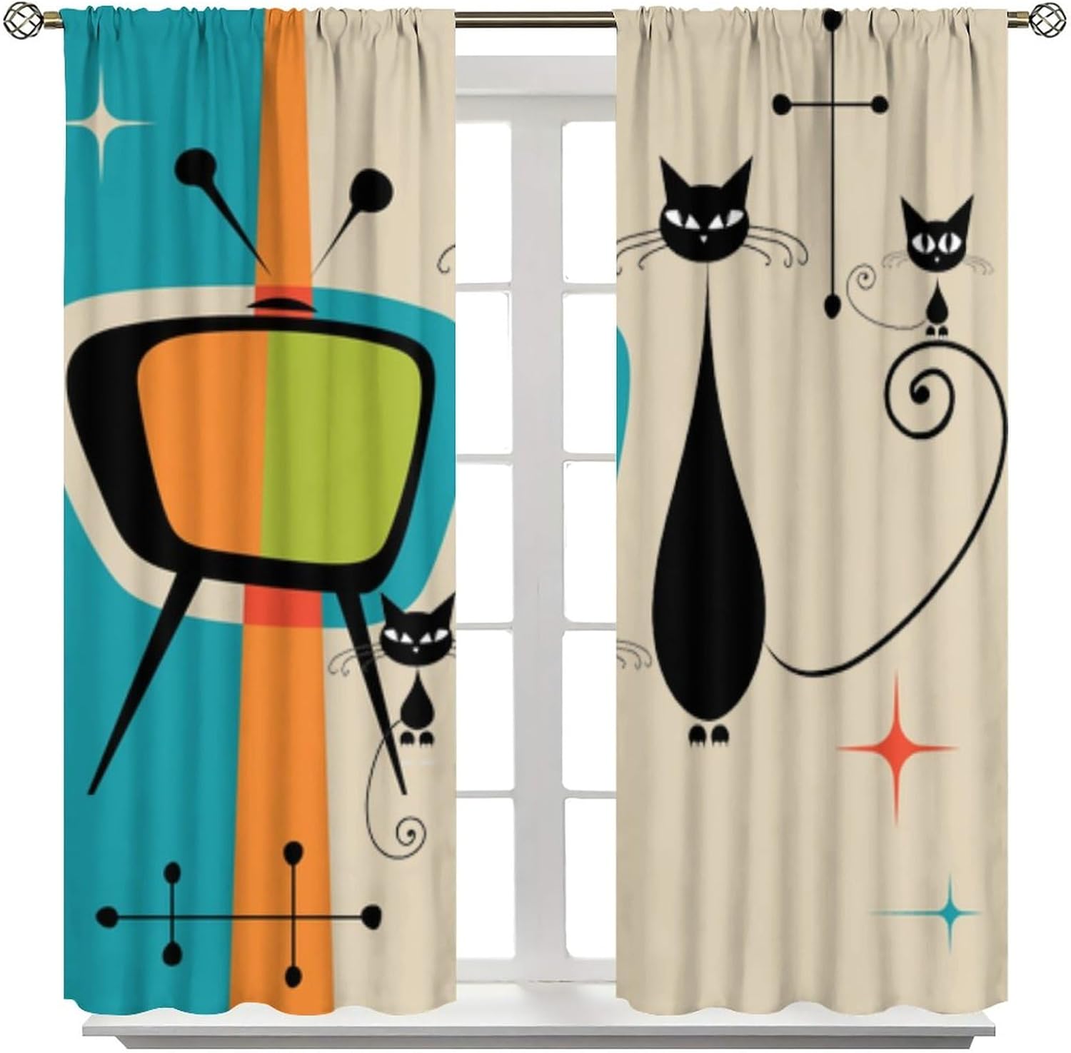 Cortinas de gato de mediados de siglo, diseño geométrico abstracto retro con estrellas atómicas y estrellas atómicas para dormitorio, sala de estar,