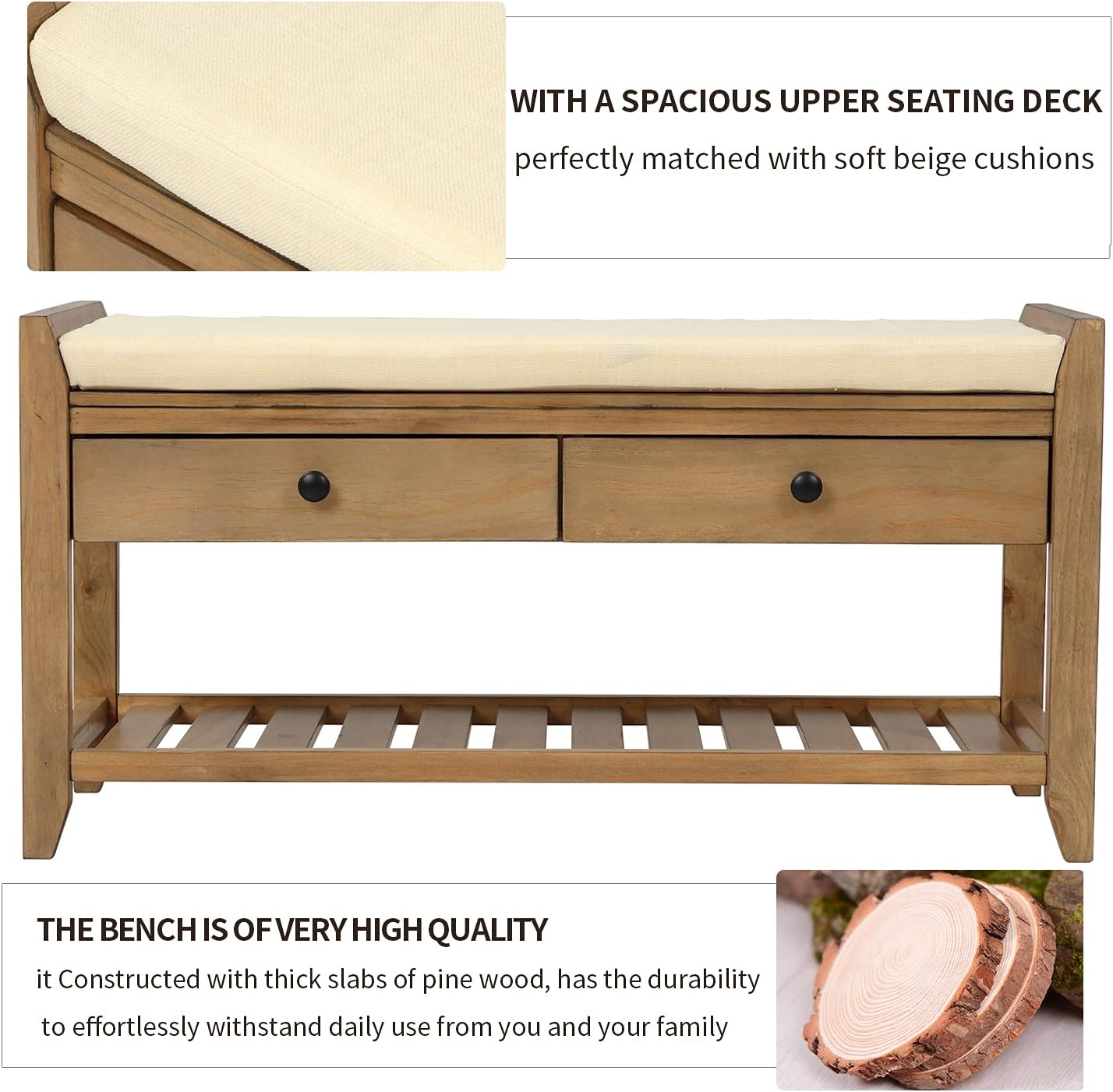 LOVMOR Zapatero con asiento acolchado y cajones organizadores, banco de almacenamiento de entrada multiusos de 35.4 pulgadas, gabinete de madera
