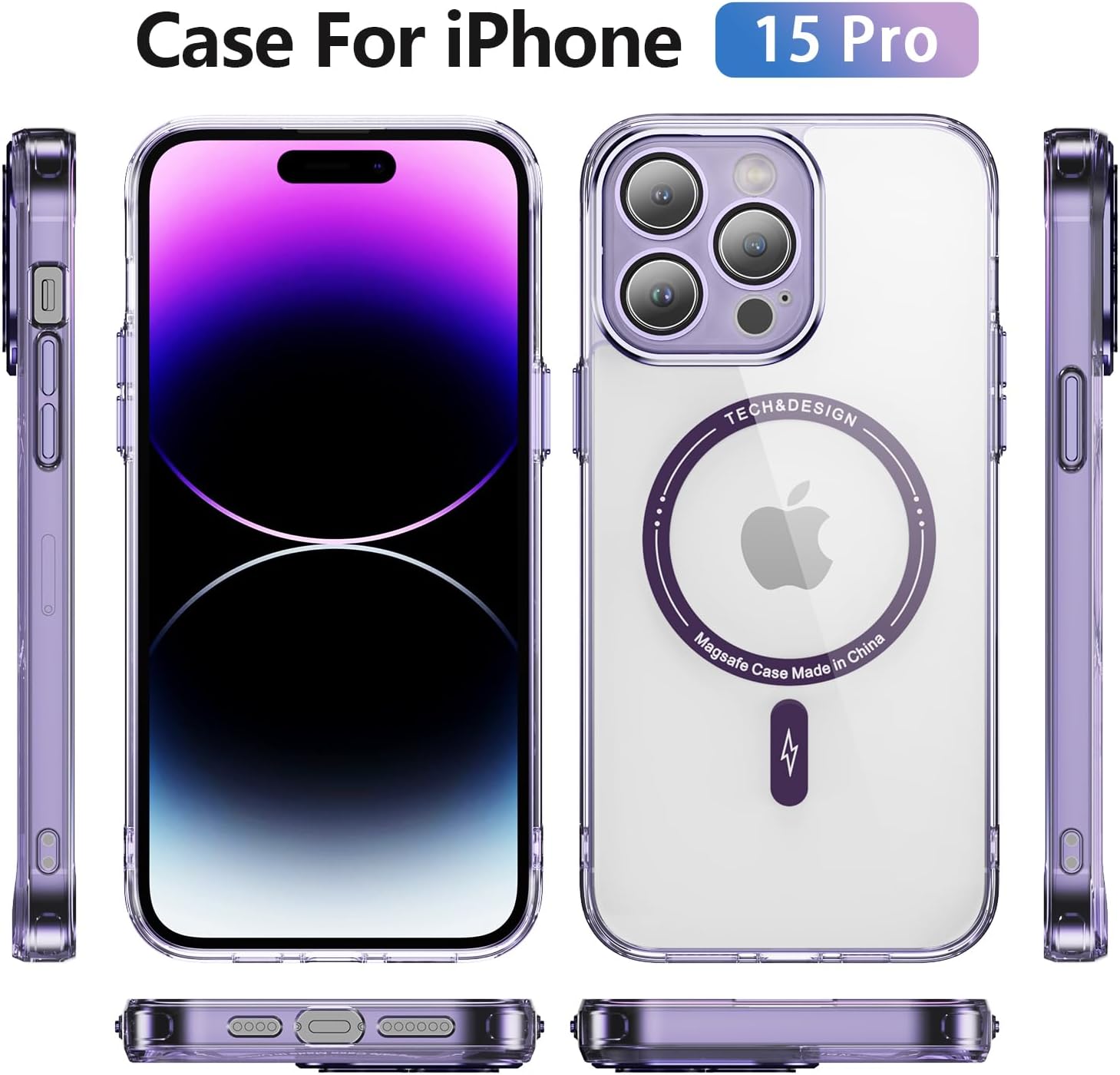 Funda para iPhone 15 Pro con protector de pantalla compatible con MagSafe Diseño transparente magnético Anti amarillamiento Antideslizante Bonita