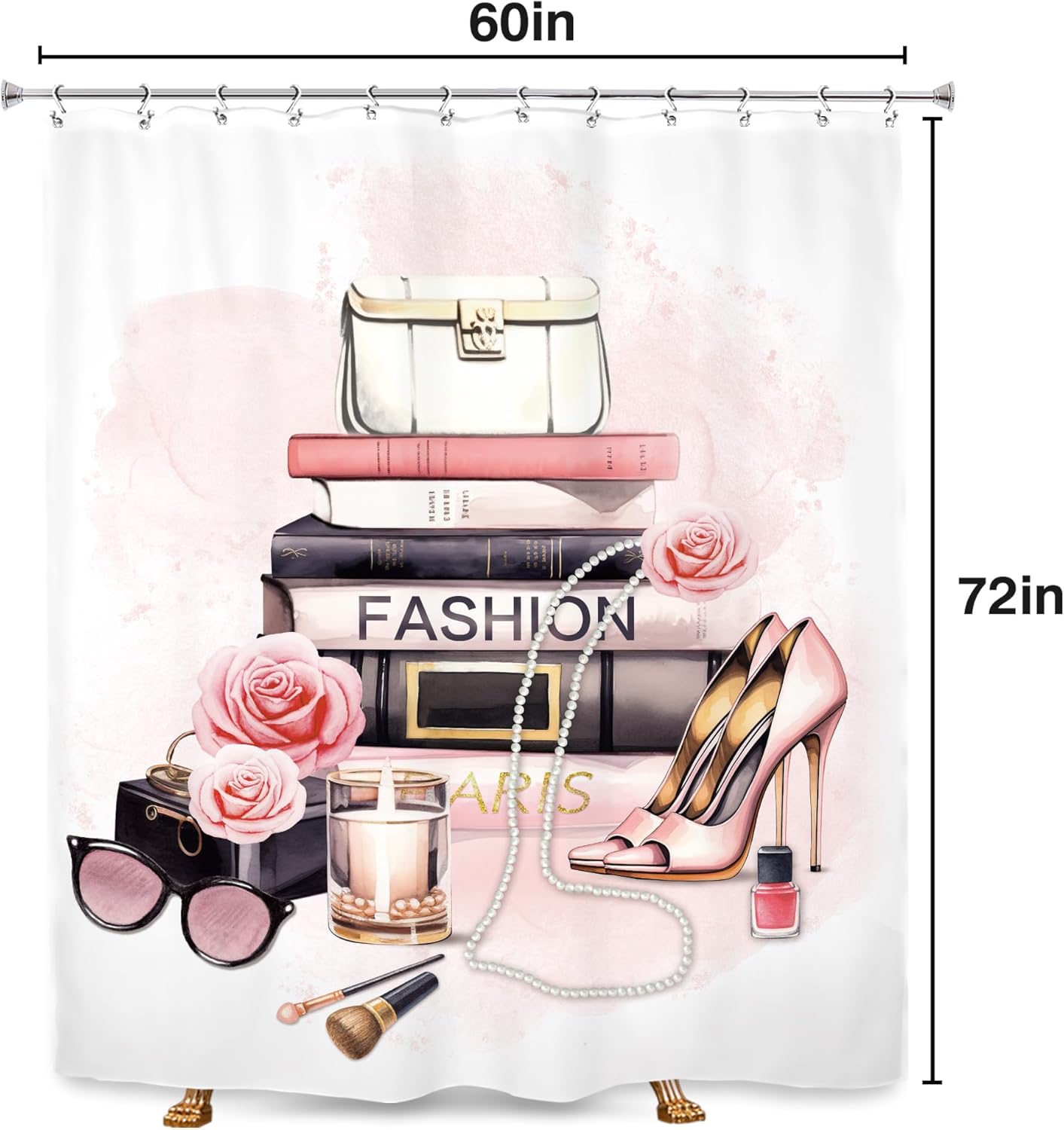 SVBright Cortina de ducha femenina a la moda, 60 pulgadas de ancho x 72 pulgadas de largo, color rosa, revistas, libros, rosas, lentes de sol,