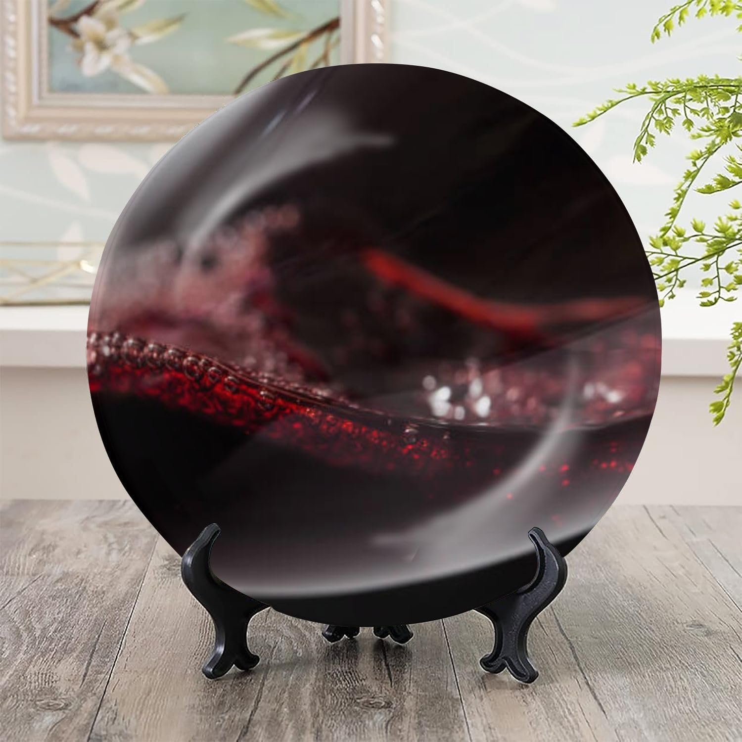 Plato de cerámica para colgar en la pared, decoración de primer plano, cristal de cristal, burbujas de vino tinto, pintura negra, placa decorativa