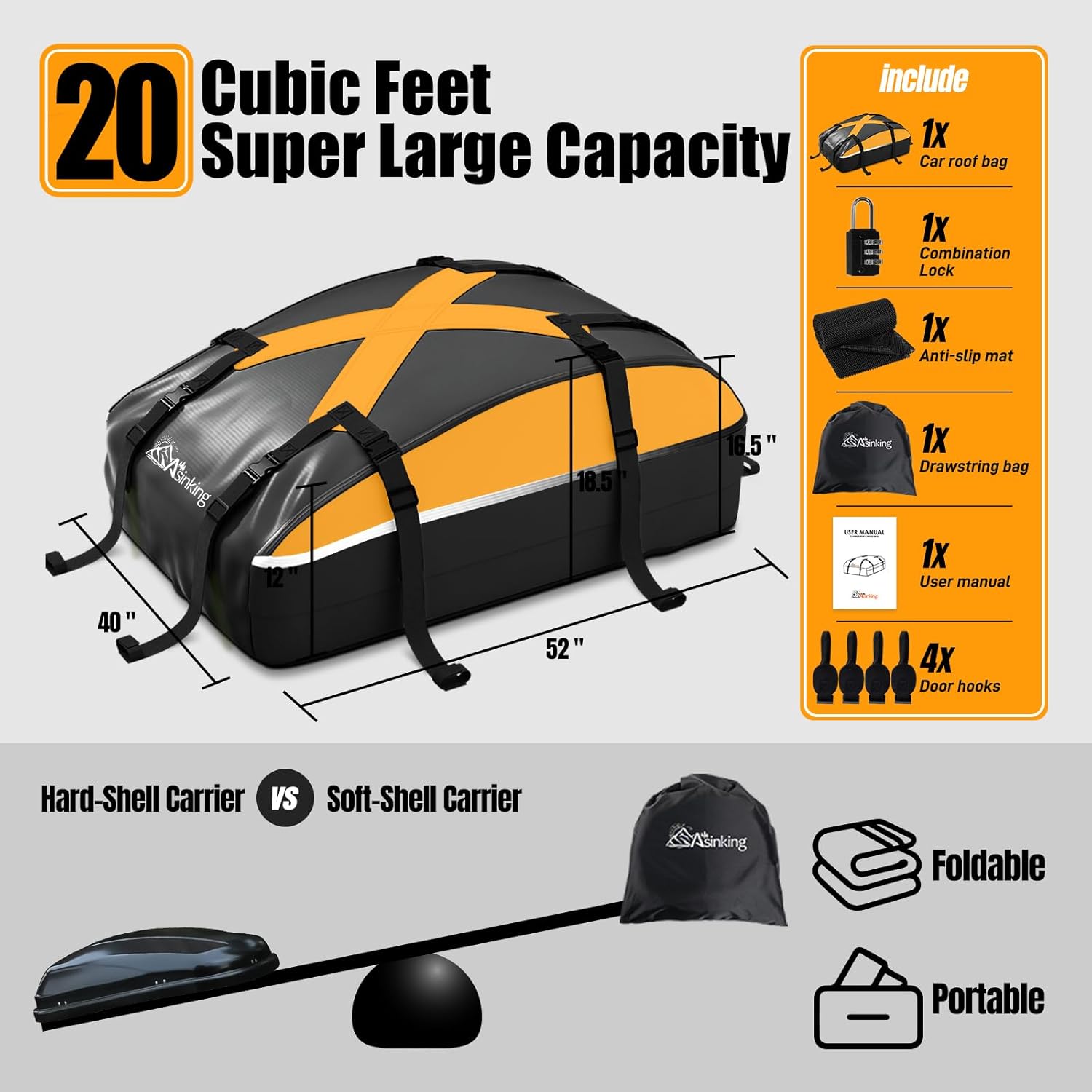 Bolsa de carga para techo de automóvil de 20 pies cúbicos, bolsa de techo 100% impermeable, portaequipajes para cualquier vehículo consin barra