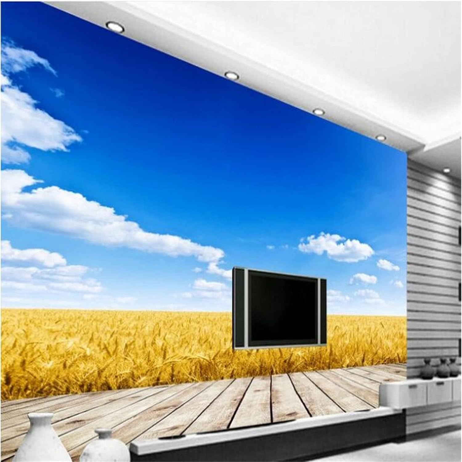 Papel tapiz de campo de trigo dorado, nubes blancas cielo, mural de pared grande 3D, autoadhesivo extraíble para despegar y pegar, calcomanía de