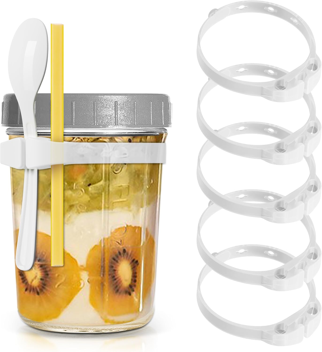5 soportes de silicona para cucharas, soporte para pajilla, soporte ajustable para cuchara compatible con tarros de vidrio redondos y cuadrados