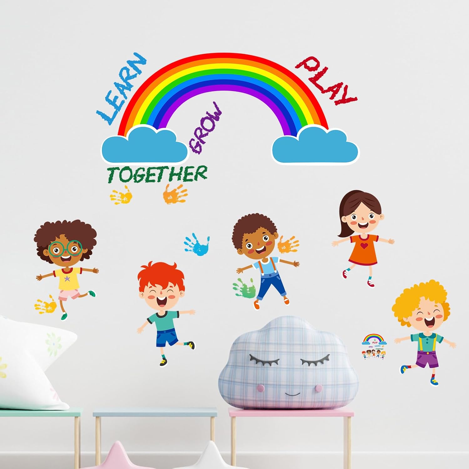 Calcomanías de pared coloridas de arco iris, calcomanías de pared con huellas de mano para niños, murales de pared inspiradores para despegar y