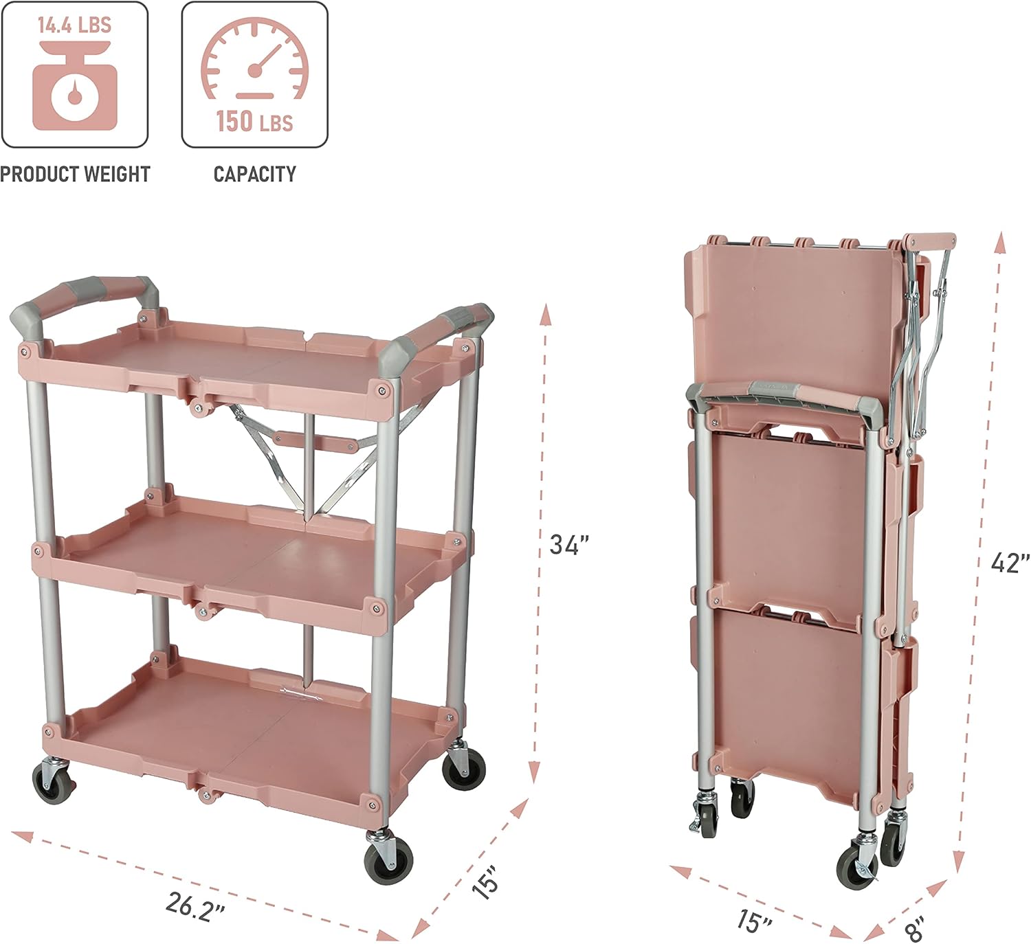 Olympia Tools Carrito de servicio plegable N Roll de 89-350, capacidad de 150 libras, 3 niveles, rosa