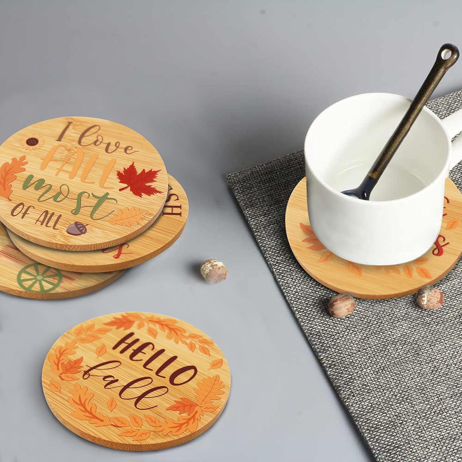 Portavasos de madera para Acción de Gracias, juego de 6 posavasos redondos de bambú para protección de mesa, botella de vidrio resistente al calor,