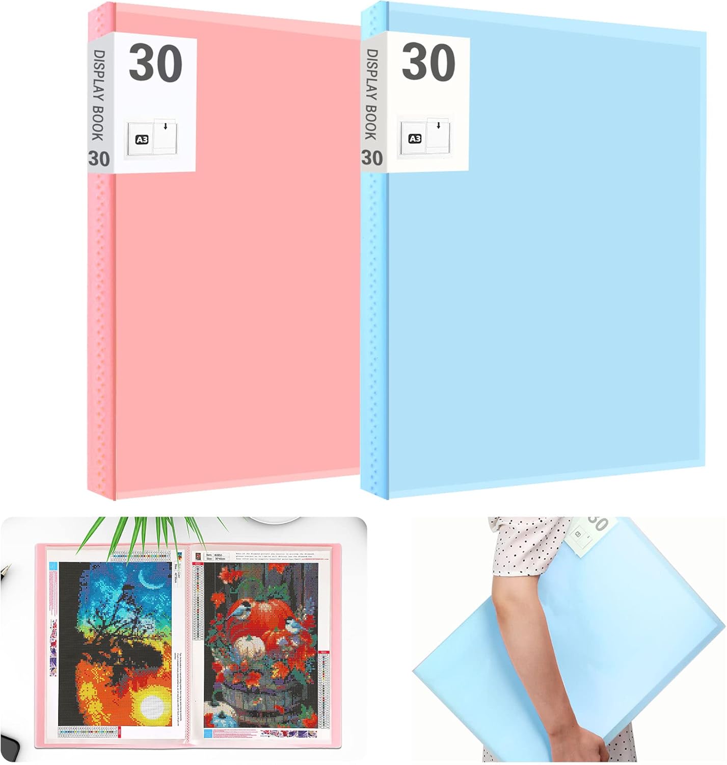 UPINS Libro de almacenamiento de pintura de arte de diamante A3 para kits de pintura de arte de diamantes, paquete de 2 30 páginas, cartera de