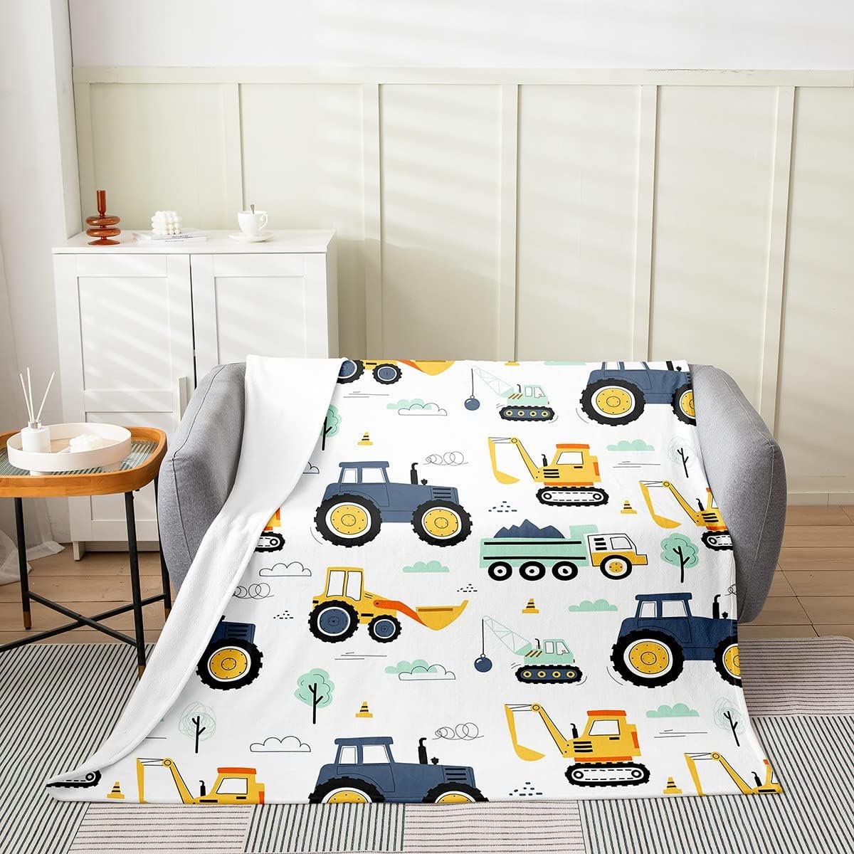 Manta de tractor, manta de camión de dibujos animados para niños y adolescentes, manta de lana de tractor de construcción, manta de franela para