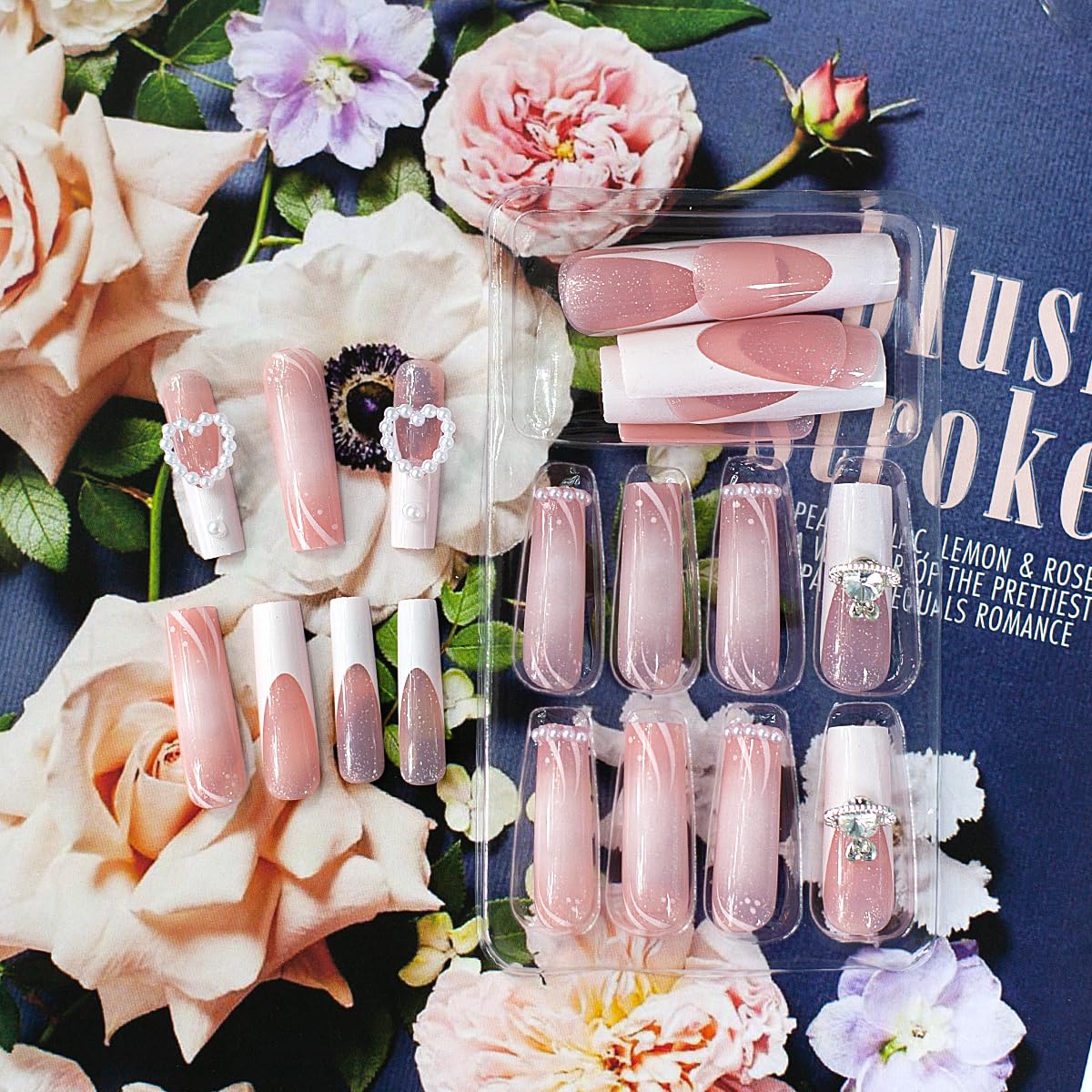 Uñas postizas a presión de punta francesa, uñas postizas largas y cuadradas, color rosa, con pegamento, diseños de perlas de amor, uñas acrílicas
