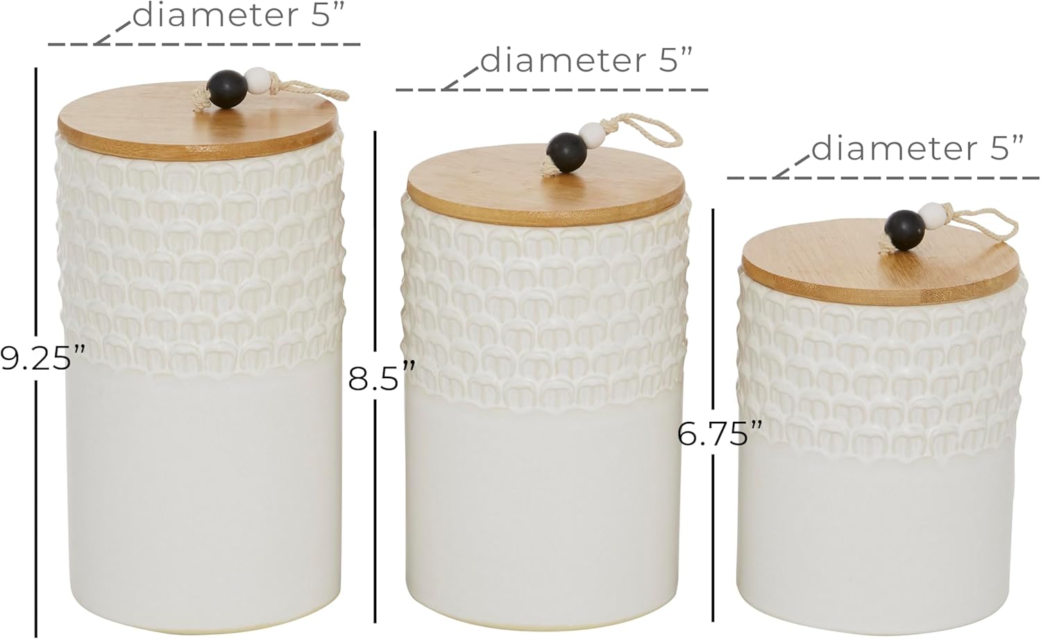 Deco 79 Tarros decorativos de cerámica con tapas de madera, juego de 3 9 pulgadas, 8 pulgadas, 7 pulgadas de alto, blanco