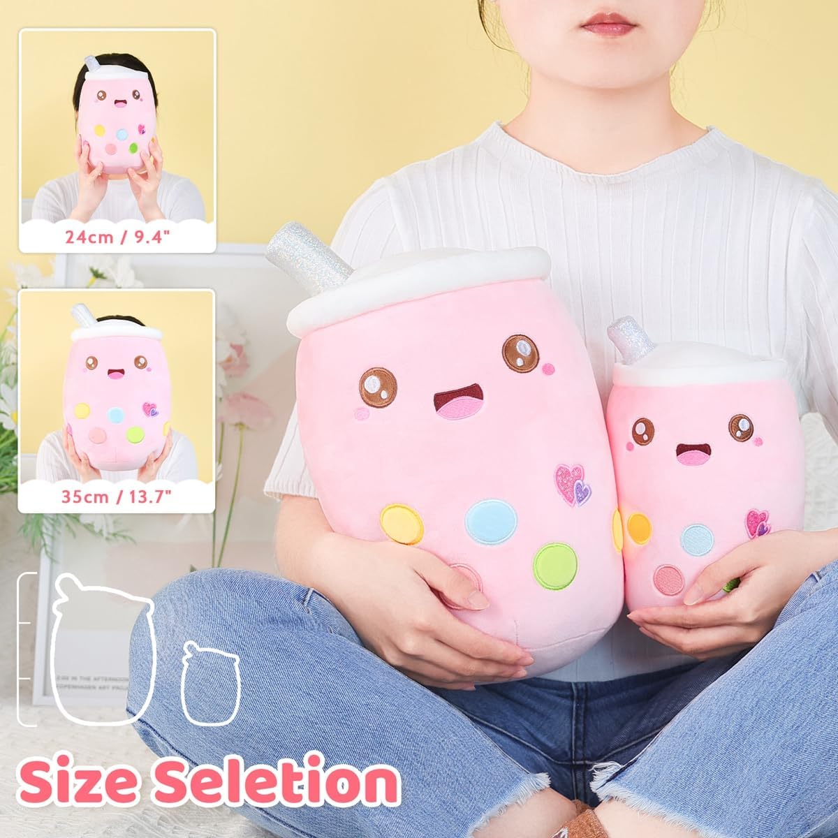 AIXINI Almohada de té con burbujas de peluche con luces LED coloridas y luces nocturnas que brillan súper suave, color rosa, 9.4 pulgadas