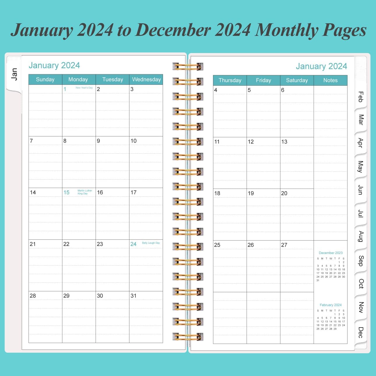 Agenda de bolsillocalendario 2024  Agenda semanal mensual A6, enero 2024 a diciembre 2024, 3.75 x 6.75 pulgadas con cubierta flexible, pestañas,