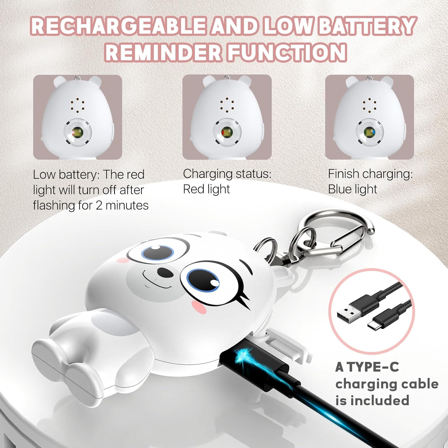 Alarma personal para mujeres, alarma de seguridad personal recargable para mujeres, niños y ancianos, sirena fuerte de 130 dB, luz estroboscópica,