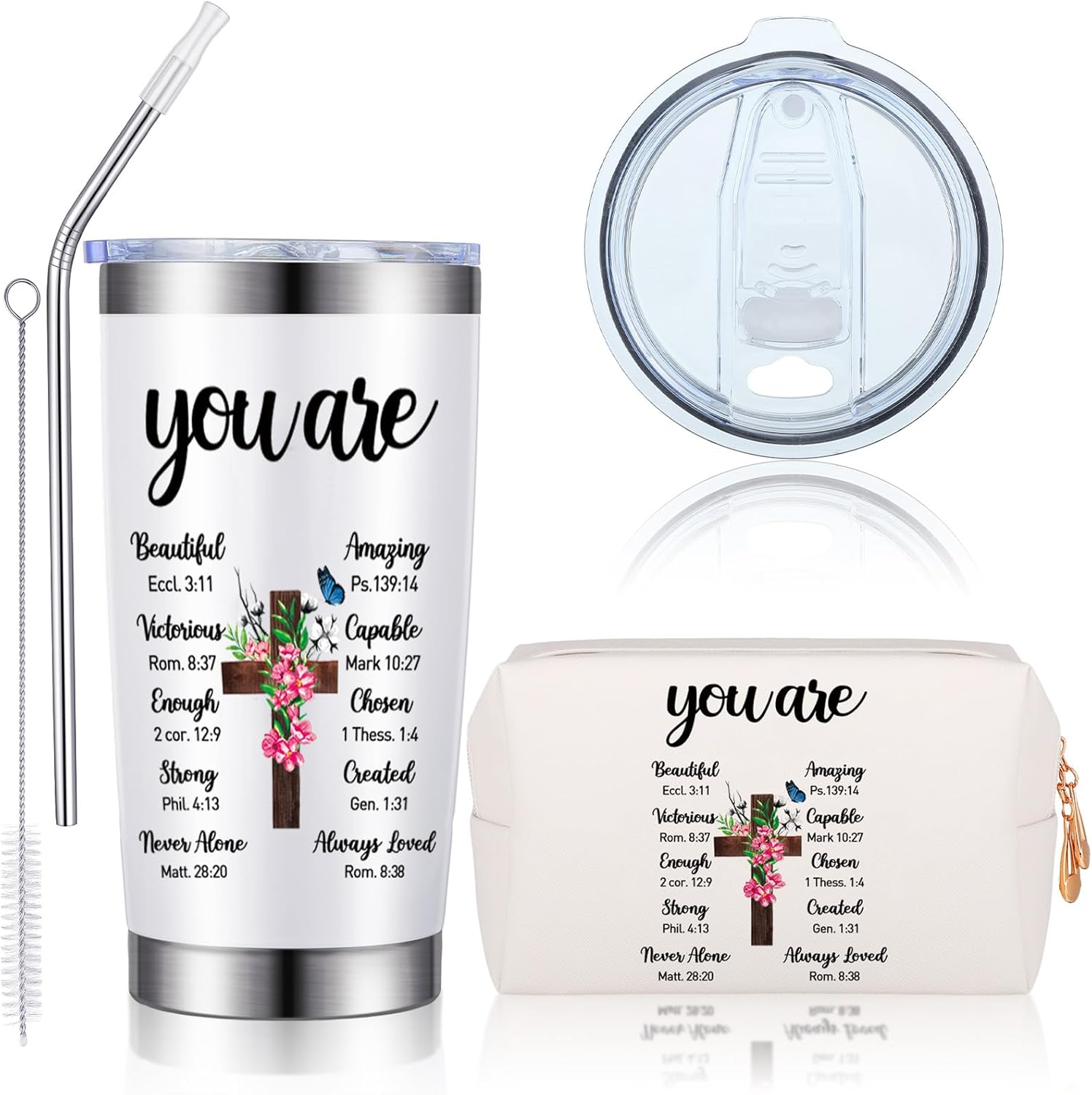 Tioncy Regalos cristianos para el día de la madre, regalos espirituales para mujeres, vaso de acero inoxidable de 20 onzas y bolsa de cosméticos