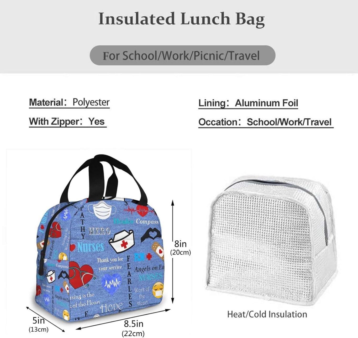 Bolsa de almuerzo con temática de enfermera para mujer, bolsa de mano aislada, reutilizable, hielera para el trabajo, picnic, viajes, talla única