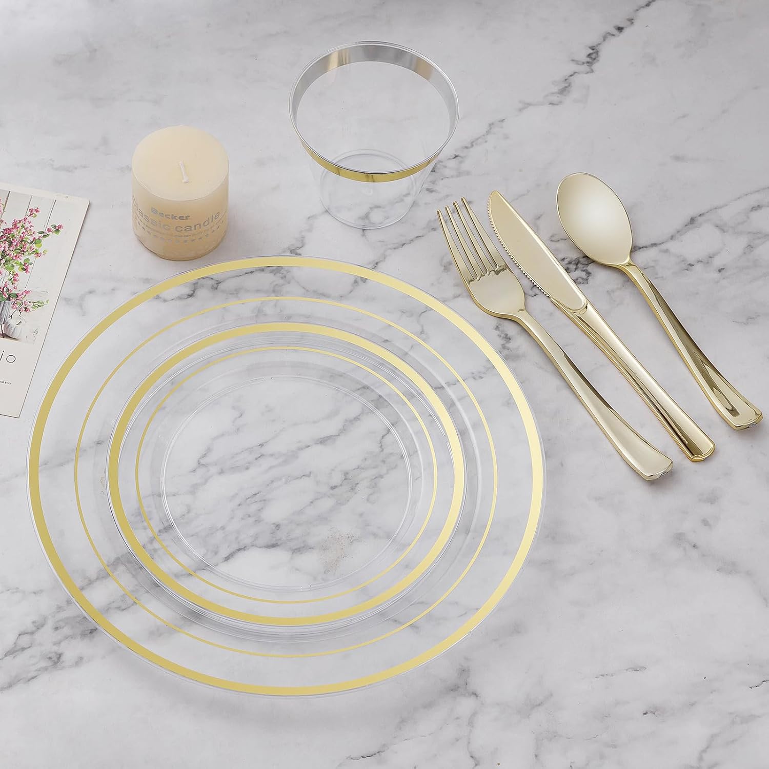 BESTVIP Juego de vajilla de plástico de 150 piezas (25 invitados), platos desechables de oro transparente para fiestas, bodas, aniversarios, incluye